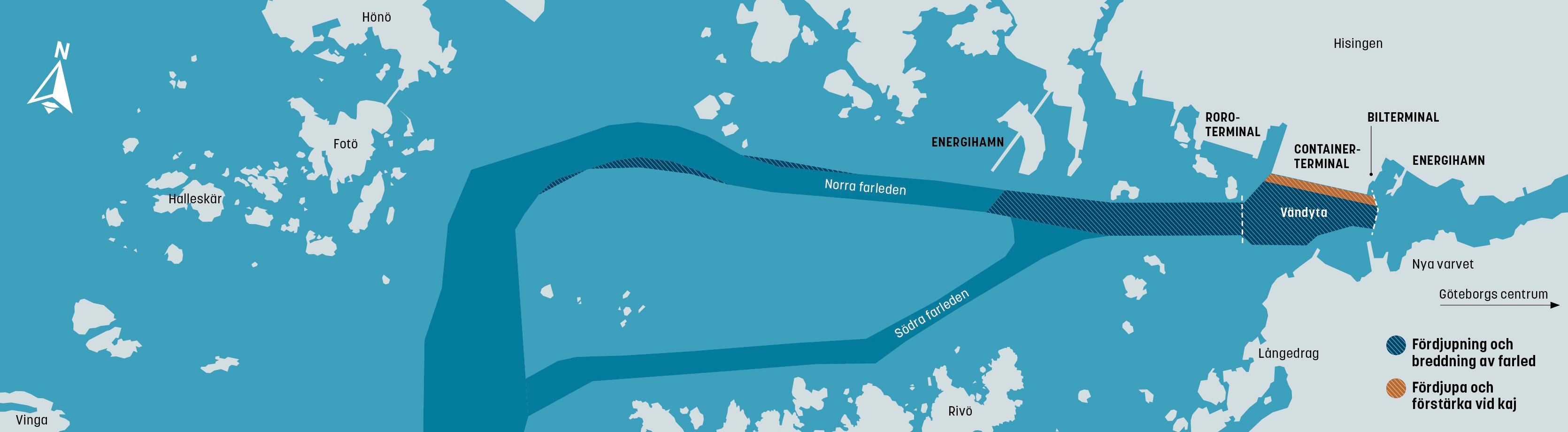 Map illustrating the planned depthening of the fairway in the Port of Gothenburg.